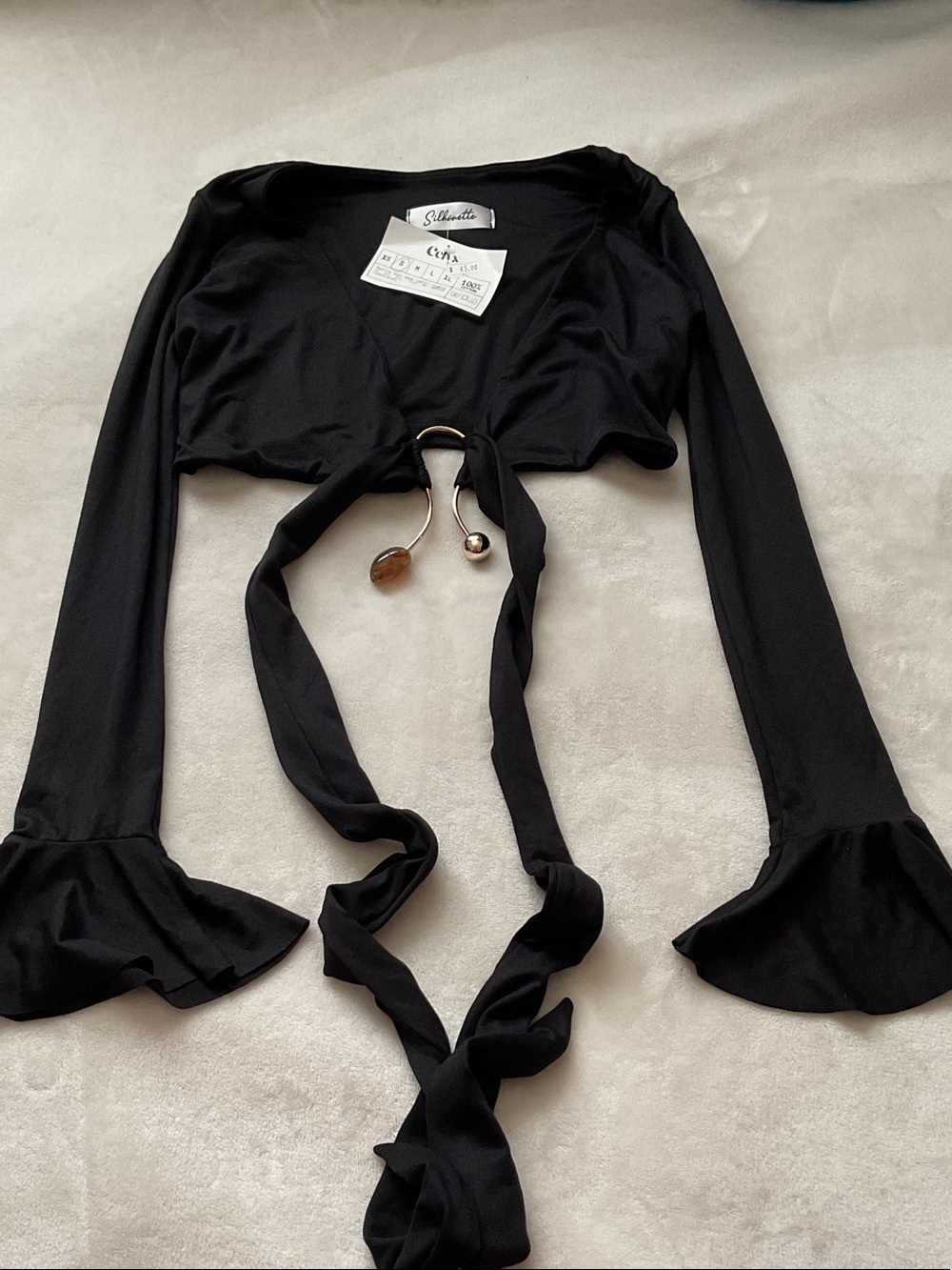 Silhouette Black Tie-Front Long Sleeve Crop Top with Flared Cuffs